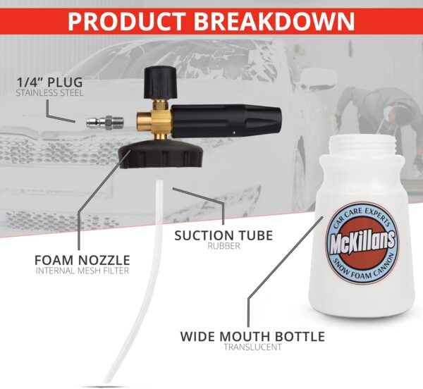 McKillans Pressure Washer Gun with Swivel and 3/8" Male Plug and Wide Mouth Snow Foam Cannon Equipped with 1/4” Quick Connector Coupler - Image 5