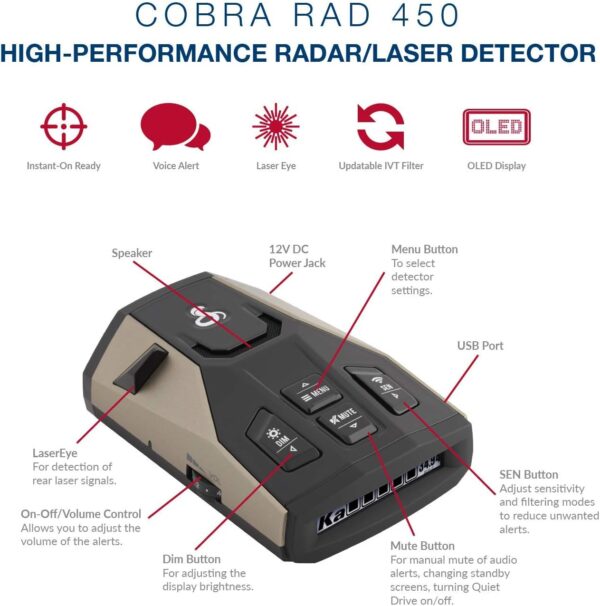 Cobra RAD 450 Laser Radar Detector: Long Range, False Alert Filter, Voice Alert & OLED Display, Black, RAD450 - Image 3