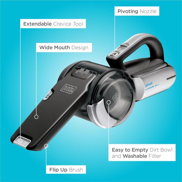 BLACK+DECKER dustbuster PIVOT VAC Cordless Handheld Vacuum, Home and Car Vacuum with Crevice Tool and Pivot Nozzle (BDH2000PL) - Image 4