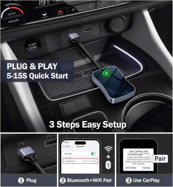 Wireless Carplay Adapter Apple Carplay Wireless Adapter Convert Wired to Wireless 2024 Upgrade Plug & Play Auto Connect Fast Easy Use Fit for Factory Wired Carplay Cars from 2015 & iPhone iOS 10+ - Image 3