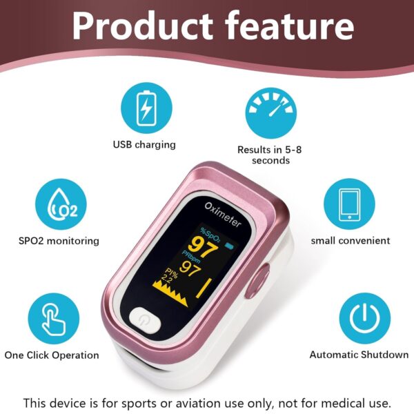 Rechargeable Pulse Oximeter Fingertip, Accurate Heart Rate Monitor, Oxygen Monitor Fingertip for Sports and Aviation Use,with USB Charging Cable and Lanyard (Rose Gold) - Image 3