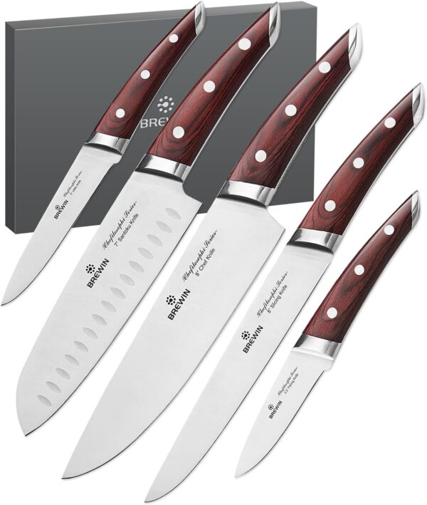 Brewin CHEFILOSOPHI Japanese Chef Knife Set 5 PCS with Elegant Red Pakkawood Handle Ergonomic Design,Professional Ultra Sharp Kitchen Knives for Cooking High Carbon Stainless Steel - Image 2