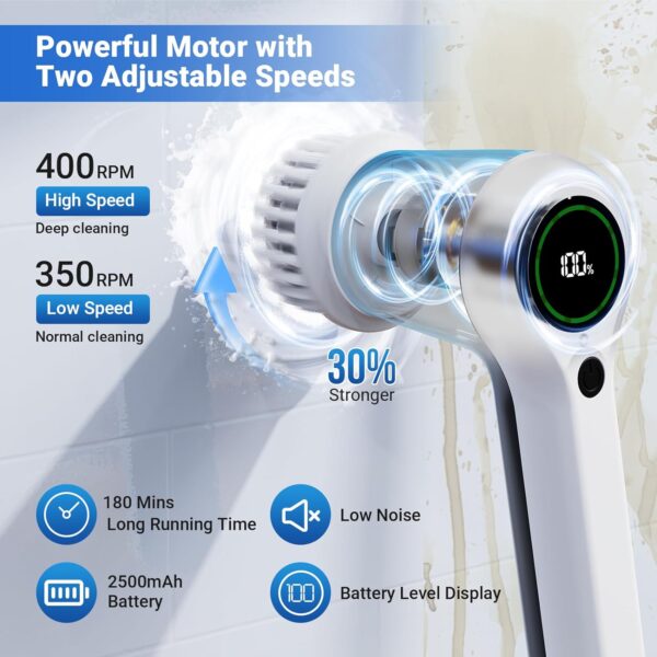 Electric Spin Scrubber, Cordless Shower Scrubbers with Battery Level Display, 2 Speeds Electric Scrubber for Cleaning with 6 Replaceable Heads, Electric Cleaning Brush for Bathroom/Floor/Sink/Window - Image 4