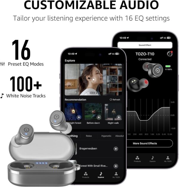 TOZO T10 Wireless Earbuds Bluetooth 5.3 Headphones, App Customize EQ, Ergonomic Design, 55H Playtime, Wireless Charging Case, IPX8 Waterproof Powerful Sound in-Ear Headset Gray(New Upgraded) - Image 7