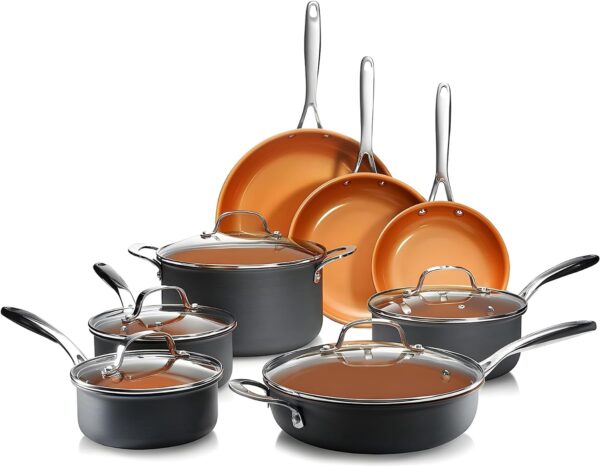 Gotham Steel Pro 13 Pc set Ceramic Pots and Pans Set Non Stick Cookware Sets Pot and Pan Set, Kitchen Cookware Sets, Ceramic Cookware Set, Hard Anodized Cookware Set, Pot Set, Dishwasher Safe, Copper - Image 2