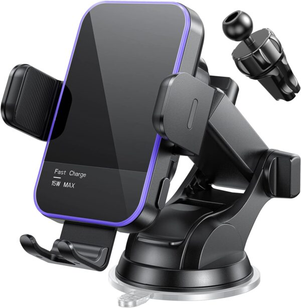 Wireless Car Charger,【7 Colored RGB Backlit】Mosurr 15W Auto Clamping Car Charger Phone Mount Holder fit for iPhone 15 14 13 12 Mini Pro Max 11 XR XS, Samsung Galaxy S24 Ultra S23 S22 S21+ Note 20, etc - Image 2