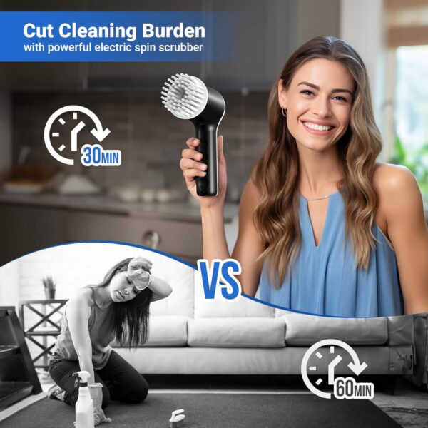 Electric Spin Scrubber, Cordless Shower Scrubbers with Battery Level Display, 2 Speeds Electric Scrubber for Cleaning with 6 Replaceable Heads, Electric Cleaning Brush for Bathroom/Floor/Sink/Window - Image 3