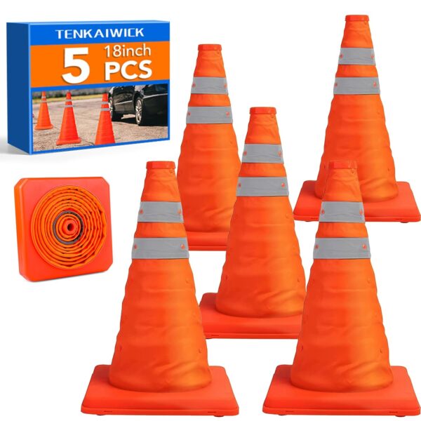 [5 Pack]18 Inch Collapsible Traffic Safety Cones - Parking Cones with Reflective Collars,Orange Safety Cones for Parking lot，Driveway, Driving Training etc. - Image 2