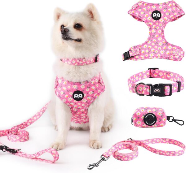 QQPETS Dog Harness Collar Leash with Poop Bag Holder 4 PCS Set, Adjustable No Pull Soft Mesh Padded Vest for Small Medium Large Pet Puppy Outdoor Walking (Daisy Pink, L (Chest 22.4”-32.6”)) - Image 2