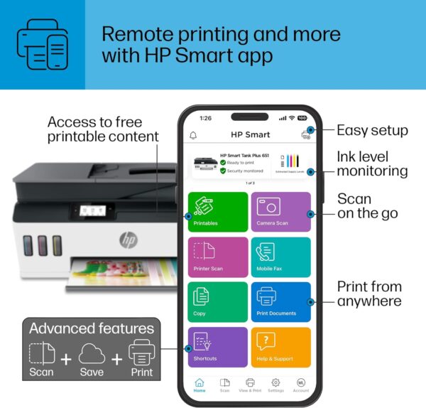 HP Smart -Tank Plus 651 Wireless All-in-One Ink -Tank Printer, up to 2 Years of Ink in Bottles, Auto Document Feeder, Mobile Print, Scan, Copy, Works with Alexa (7XV38A) - Image 13