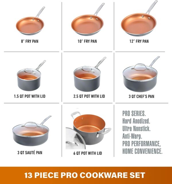 Gotham Steel Pro 13 Pc set Ceramic Pots and Pans Set Non Stick Cookware Sets Pot and Pan Set, Kitchen Cookware Sets, Ceramic Cookware Set, Hard Anodized Cookware Set, Pot Set, Dishwasher Safe, Copper - Image 3