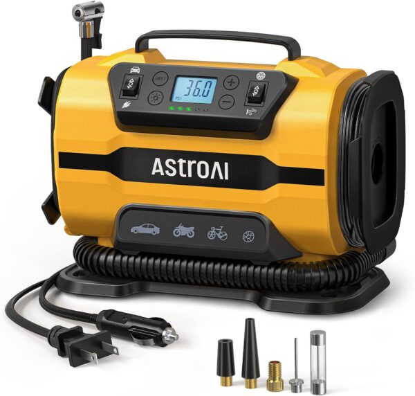 AstroAI Tire Inflator Portable Air Compressor Pump 150PSI 12V DC/110V AC with Dual Metal Motors &LED Light， Automotive Car Accessories&Two mode for car, bicycle tires and air mattresses, Yellow - Image 2