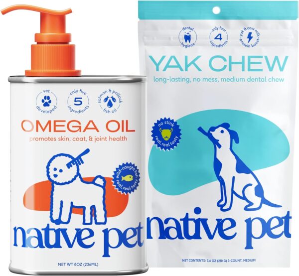 Native Pet Omega Oil for Dogs - Dog Fish Oil Supplements & Yak Chews for Dogs | Pasture-Raised and Organic Yak Cheese Himalayan Churpi Chews | 8 Oz. & 3 Medium Yak Chews - Image 2