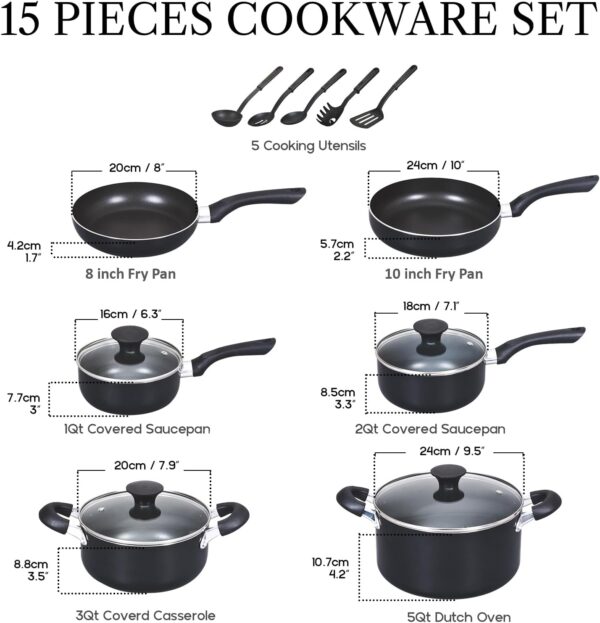 Cook N Home Basics Pots and Pans Cooking, 15-Piece Nonstick Cookware Set, Black - Image 3