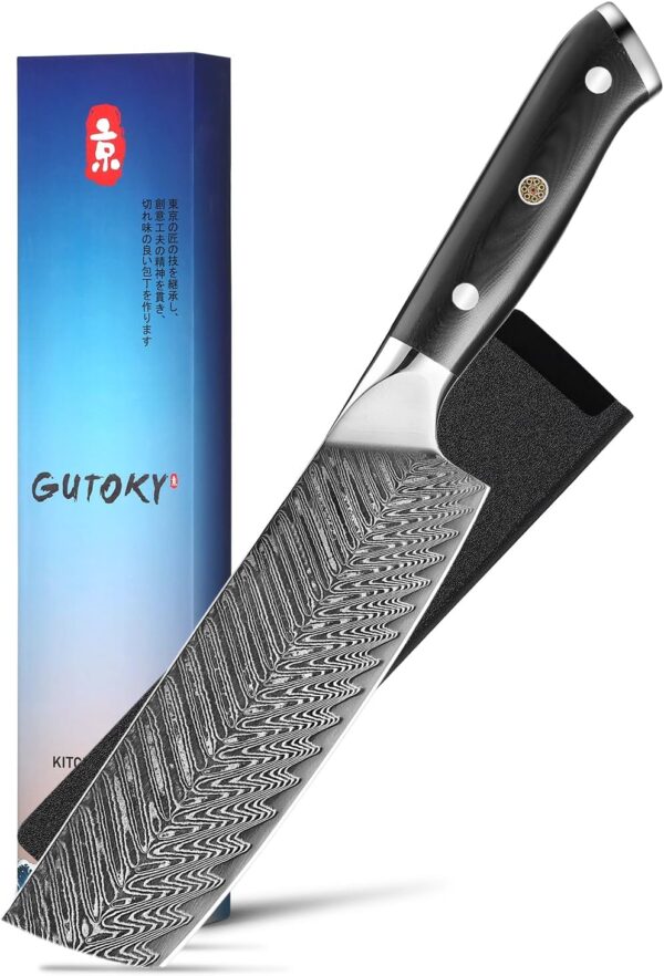 Gutoky Nakiri Knife - 7"- Handcrafted Japanese AUS10 Steel Damascus Vegetable Knife-Professional Kitchen Knife with Ergonomic G10 Handle - Image 2