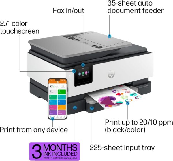 HP OfficeJet Pro 8135e All-in-One Printer, Color, Printer for Home, Print, Copy, scan, fax, Instant Ink Eligible; Automatic Document Feeder; Touchscreen; Quiet Mode; Print Over VPN - Image 5