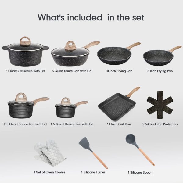 JEETEE Pots and Pans Set Nonstick 20PCS, Granite Coating Induction Compatible with Frying Saucepan, Sauté Pan, Grill Cooking Pots, PFOA Free, (Grey, Cookware Set) - Image 3