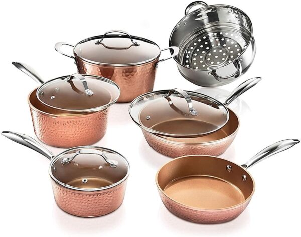 Gotham Steel Hammered Copper 10 Pc Pots and Pans Set Non Stick Cookware Set, Non Toxic Ceramic Cookware Set, Kitchen Cookware Sets with Induction Cookware, Pot and Pan Set, Oven/Dishwasher Safe - Image 2