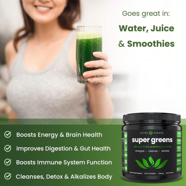 NutraChamps Super Greens Powder Premium Superfood | 20+ Organic Green Veggie Whole Foods | Wheat Grass, Spirulina, Chlorella & More | Antioxidant, Digestive Enzyme & Probiotic Blends - Image 5