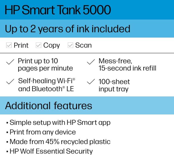 HP Smart-Tank 5000 Wireless All-in-One Ink-Tank Printer with up to 2 years of ink included, mobile print, scan, copy, white, 17.11 x 14.23 x 6.19 - Image 3