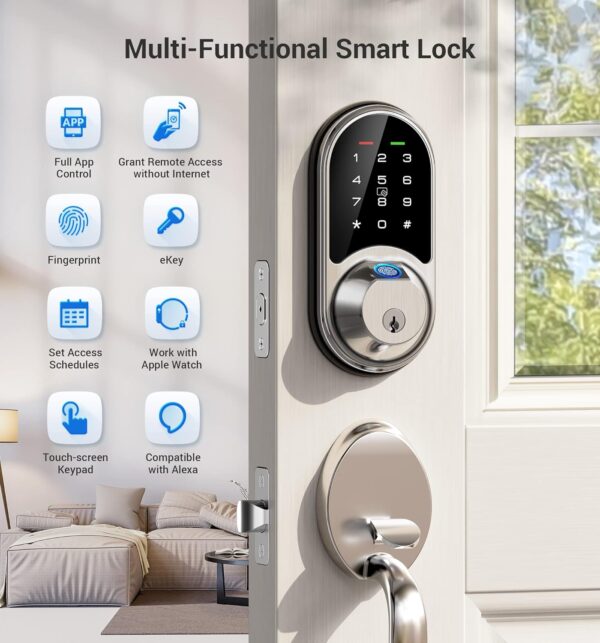 Veise Smart Lock, Fingerprint Door Lock, 7-in-1 Keyless Entry Door Lock with App Control, Electronic Touchscreen Keypad, Smart Deadbolt, Biometric Smart Locks for Front Door, Satin Nickel - Image 5