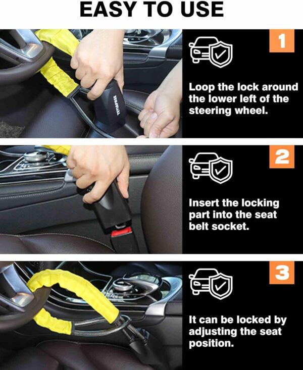 Tevlaphee Steering Wheel Lock Seat Belt Lock Universal Anti Theft Car Device Car Lock Car Theft Prevention with 3 Keys for Car Security Fit Most Vehicles Truck SUV Van(Yellow) - Image 6