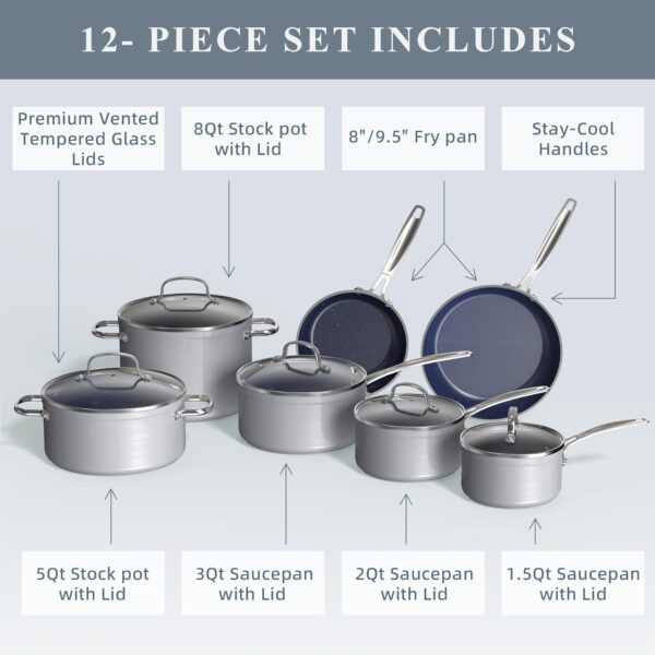 Nuwave Healthy Duralon Blue Ceramic Nonstick Cookware Set, Diamond Infused Scratch-Resistant, PFAS Free, Dishwasher & Oven Safe, Induction Ready & Evenly Heats, Tempered Glass Lids & Stay-Cool Handles - Image 11