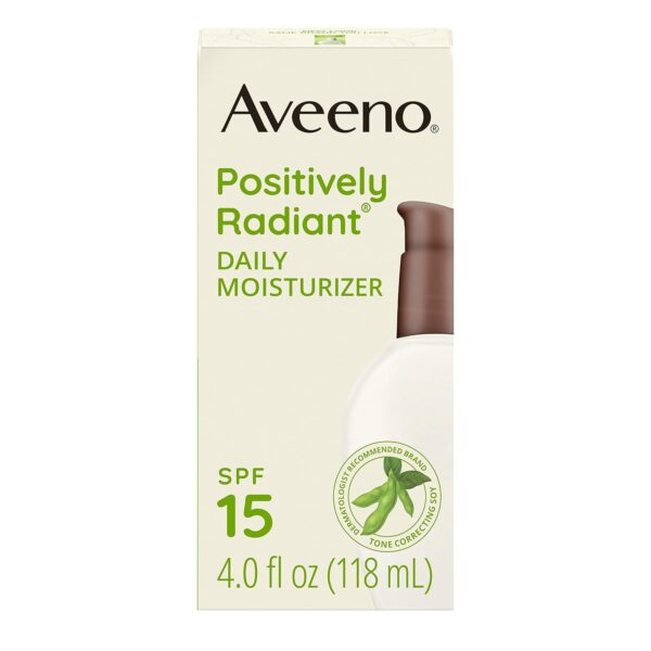 Aveeno Positively Radiant Daily Facial Moisturizer with Broad Spectrum SPF 15 Sunscreen & Soy, Improves the Look of Skin Tone & Texture, Hypoallergenic, Oil-Free, Non-Comedogenic, 4 fl. oz - Image 10