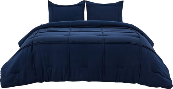 Bedsure Queen Comforter Set with Sheet - 4 Pieces Soft Navy Blue Bedding Sets, Grid Pinch Pleat, All Season Lightweight Fluffy Bed Set with Solid Boho Comforter, Pillowcases & Sheet - Image 10