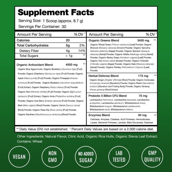 Super Greens Powder Premium Antioxidant Superfood | Organic Greens Fruit and Veggie Vegan Supplement | 40+ Greens and Superfoods Including Wheatgrass & Spirulina | Probiotic Powder Greens, Sweet Berry - Image 3