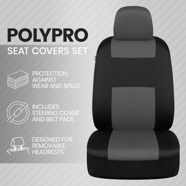 BDK PolyPro Car Seat Covers Full Set in Charcoal on Black with Steering Wheel Cover & Seat Belt Pads – Front and Rear Split Bench Car Seat Cover, Easy to Install, Interior Covers for Auto Truck SUV - Image 3