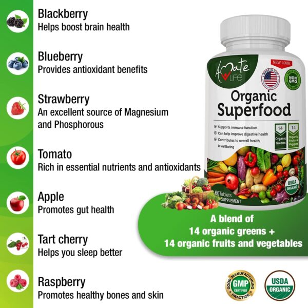 Organic Superfood Greens Fruits and Veggies Complex - Best Dietary Supplement with 14 Greens and 14 Fruits & Vegetables with Alfalfa Rich in Antioxidants Organic Ingredients Non-GMO 60 Tablets - Image 5