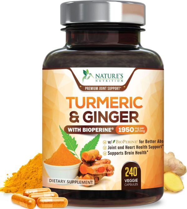 Turmeric Curcumin with BioPerine & Ginger 95% Standardized Curcuminoids 1950mg Black Pepper for Max Absorption Joint Support, Nature's Tumeric Herbal Extract Supplement, Vegan, Non-GMO - 240 Capsules - Image 2