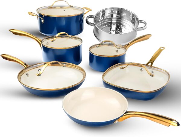 Gotham Steel 12 Pc Ceramic Pots and Pans Set Non Stick, Kitchen Cookware Sets, Pot and Pan Set, Ceramic Cookware Set, Non Toxic Cookware Set, Non Stick Pots and Pan Set, Dishwasher Safe - Cream Navy - Image 2