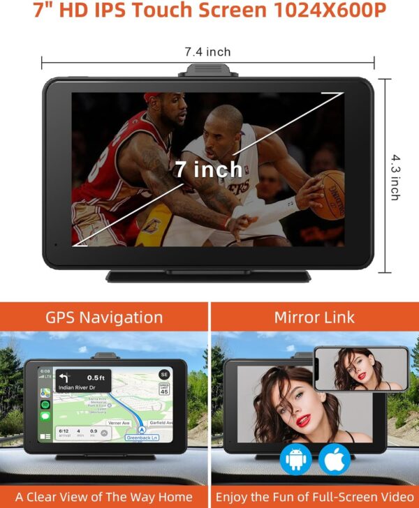 cogamichi Portable Apple Carplay & Android Auto with 1080P Backup Camera, Car Screen x7 Inch HD IPS Touch Carplay Screen for Car Plug in, Car Play Dash Mount with AUX, FM, Siri, GPS Navigation - Image 6