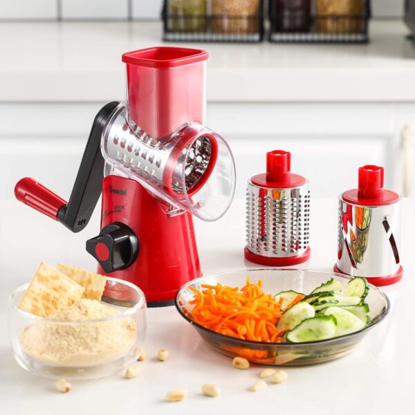 Geedel Rotary Cheese Grater, Kitchen Mandoline Vegetable Slicer with 3 Interchangeable Blades, Easy to Clean Grater for Fruit, Vegetables, Nuts - Image 9