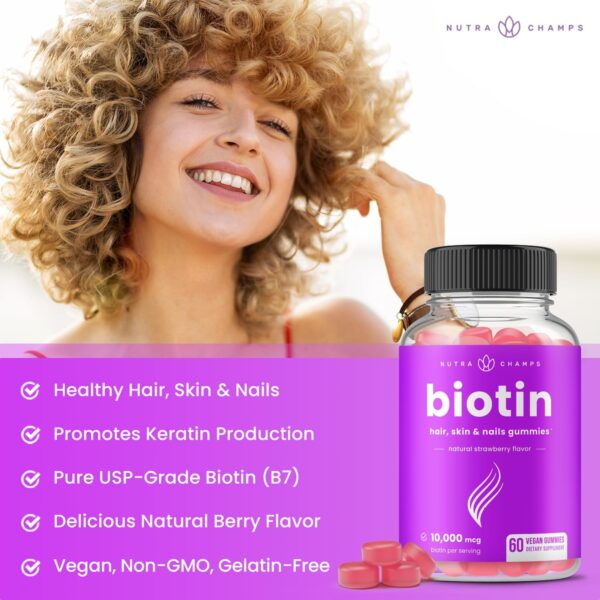 NutraChamps Biotin Gummies 10000mcg [High Potency] for Healthy Hair, Skin & Nails Vitamins for Women, Men & Kids - 5000mcg in Each Hair Vitamins Gummy - Vegan, Non-GMO, Hair Health Supplement - Image 4