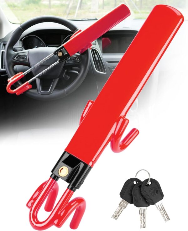 Tevlaphee Steering Wheel Lock Anti-Theft Car Device Heavy Duty Security Car Lock Antitheft Locking Devices Great Deterrent Adjustable Car Wheel Lock Anti Theft for Vehicle Truck SUV with 3 Keys (Red) - Image 2