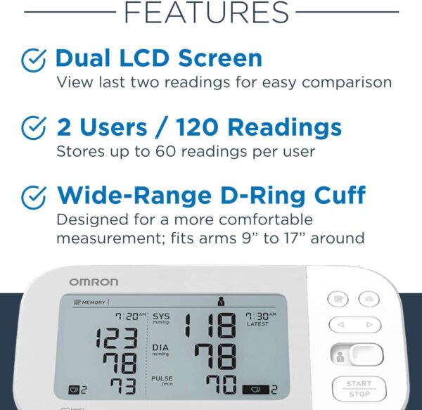 OMRON Gold Blood Pressure Monitor, Premium Upper Arm Cuff, Digital Bluetooth Blood Pressure Machine, Stores Up to 120 Readings for Two Users (60 Readings Each) - Image 4