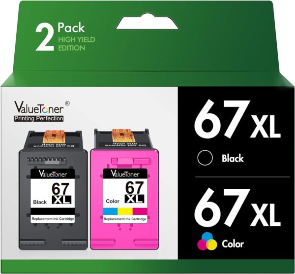 Valuetoner Ink Cartridges Replacement Compatible for HP 67 Ink cartridges Black/Color Combo Pack 67XL for Envy 6055 6055e 6052 6455e 6452 6458 DeskJet 2755e 2700 2752 2755 4152 4155 4155e 4158 2-Pack - Image 2