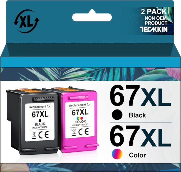 TECKKIN 67XL Ink Cartridges Black/Color Combo Pack Replacement for HP Ink 67 67XL for HP DeskJet 2700 2700e 2755e 2755 4155e 4155 Envy 6055e 6455e 6400 6055 Envy Pro 6452 6458 6475 (1 Black,1 Color) - Image 2