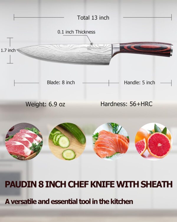 PAUDIN Chef Knife with Sheath- Pro Kitchen Knife 8 Inch Chef's Knives with High Carbon Stainless Steel, Sharp Knife with Ergonomic Handle for Home Kitchen Restaurant - Image 3