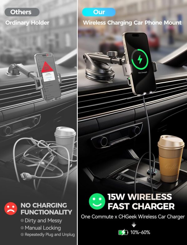 CHGeek Wireless Car Charger with Phone Holder Mount, 15W Fast Charging Auto Clamping Phone Holders for You Car Windshield Dashboard Air Vent Accessories for iPhone, Samsung Galaxy, Google, etc - Image 4