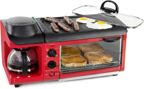 Nostalgia 3-in-1 Breakfast Station - Includes Coffee Maker, Non-Stick Griddle, and 4-Slice Toaster Oven - Versatile Breakfast Maker with Timer - Red - Image 2