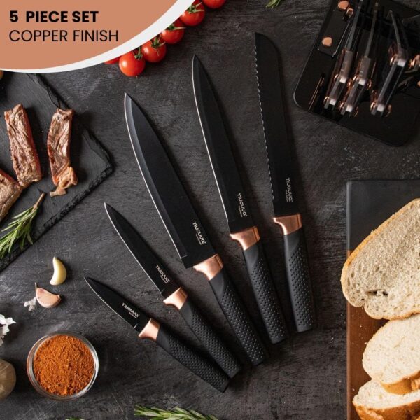 nuovva Kitchen Knife Block Set Copper 5 Piece Set with Knives Clear Acrylic Block Stainless Steel Blades - Image 6