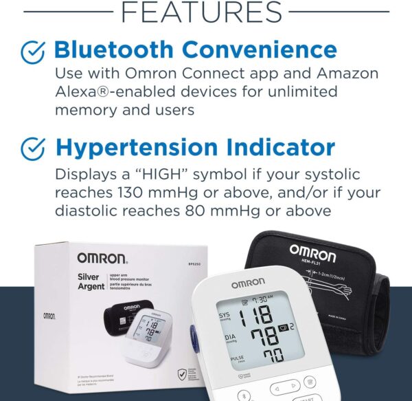 OMRON Silver Blood Pressure Monitor, Upper Arm Cuff, Digital Bluetooth Blood Pressure Machine, Stores Up to 80 Readings - Image 3