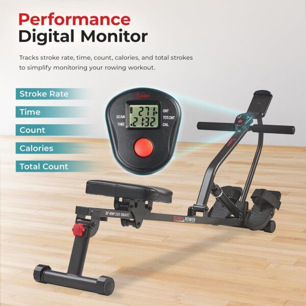 Sunny Health & Fitness Compact Adjustable Rowing Machine with 12 Levels of Complete Body Workout Resistance and Optional SunnyFit App Enhanced Connectivity - Image 5