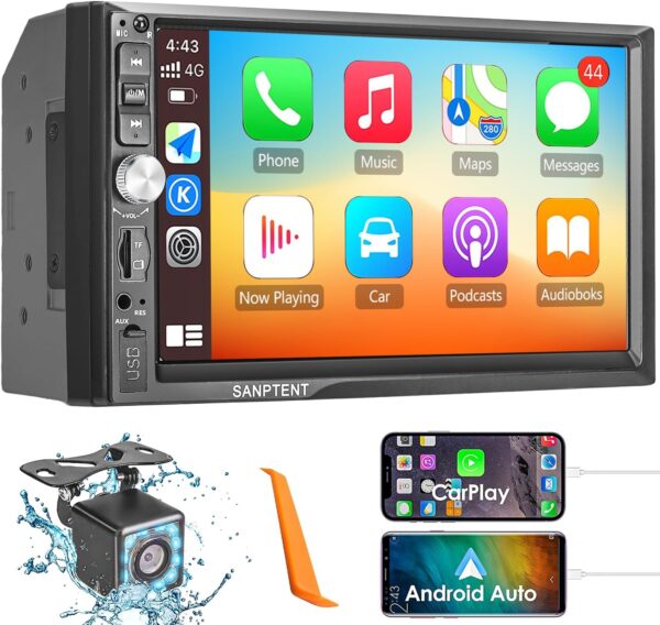 SANPTENT Double Din Car Stereo with Wireless Apple CarPlay & Android Auto, 7-Inch FHD Touchscreen Car Audio Receiver with Rear Camera, Subwoofer, Car Radio with FM, USB/AUX/TF, Mirror Link, Bluetooth - Image 2