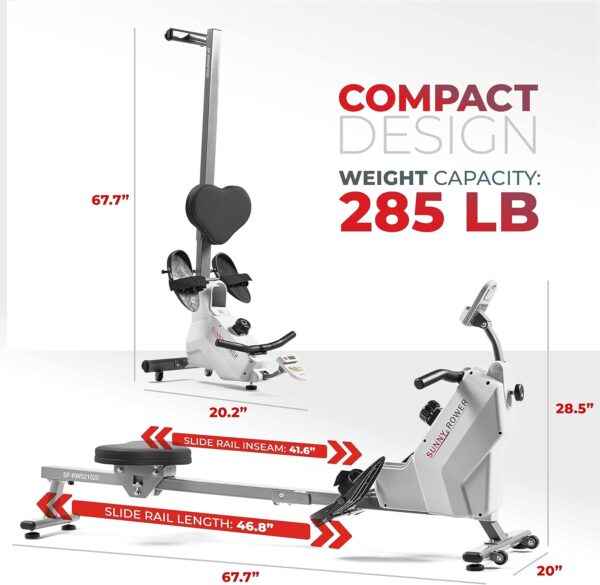 Sunny Health & Fitness Compact Folding Magnetic Rowing Machine with 43 Inch Slide Rail, 285 LB Max Weight, Synergy Power Motion, LCD Digital Monitor, Super Quiet & Smooth, and Ergonomic Foot Pedals - Image 7