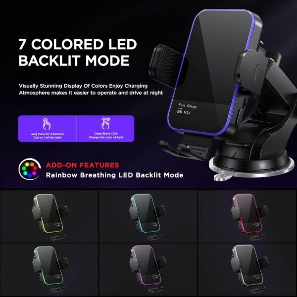 Wireless Car Charger,【7 Colored RGB Backlit】Mosurr 15W Auto Clamping Car Charger Phone Mount Holder fit for iPhone 15 14 13 12 Mini Pro Max 11 XR XS, Samsung Galaxy S24 Ultra S23 S22 S21+ Note 20, etc - Image 3